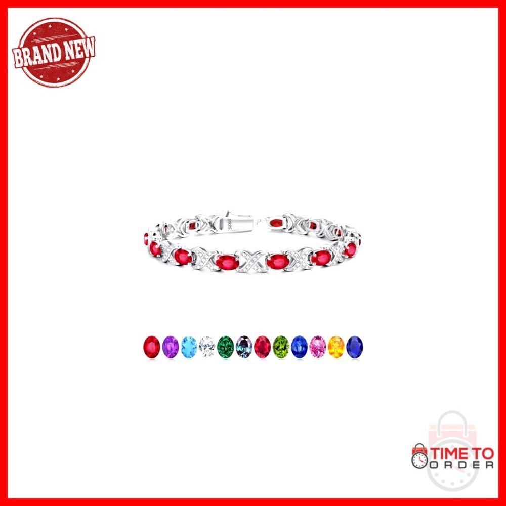 Sterling Silver Tennis Bracelet with Birthstones, 7 Inch, Push Button Clasp